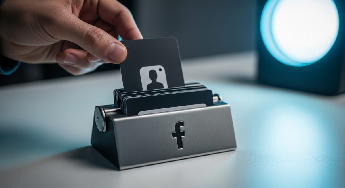 Mano retirando tarjeta de rolodex con logo de Facebook
