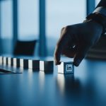 Mano seleccionando cubo metalizado con logo de LinkedIn en mesa oficina
