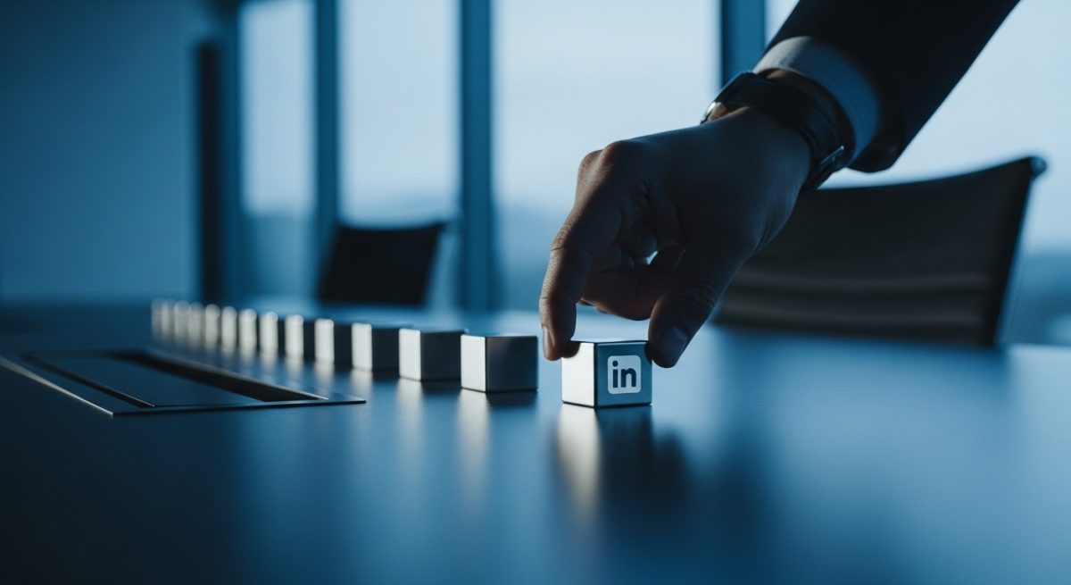 Mano seleccionando cubo metalizado con logo de LinkedIn en mesa oficina