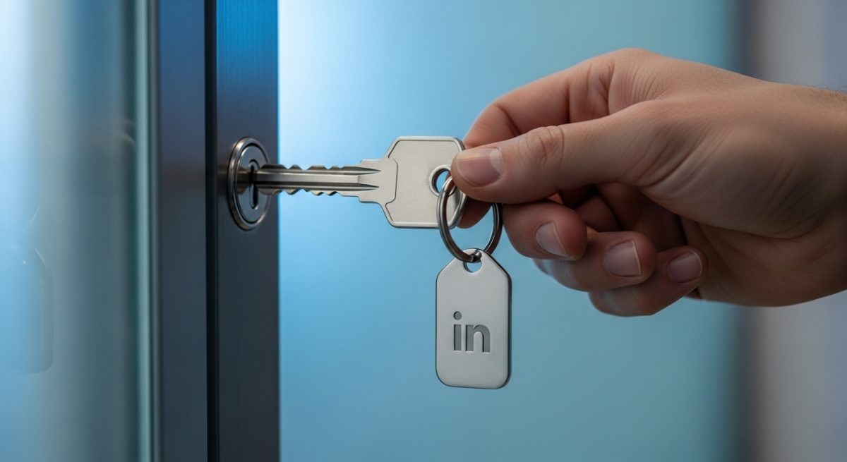 Mano sosteniendo llave moderna con logo de LinkedIn para puerta oficinas
