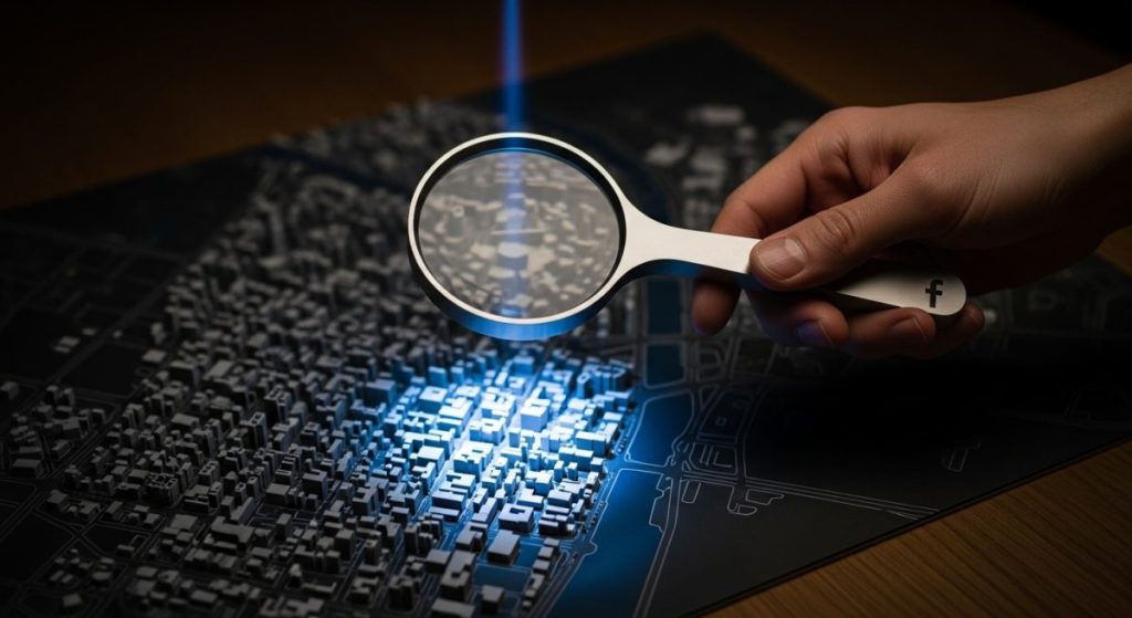 Mano sosteniendo lupa moderna sobre mapa urbano 3D con logo Facebook