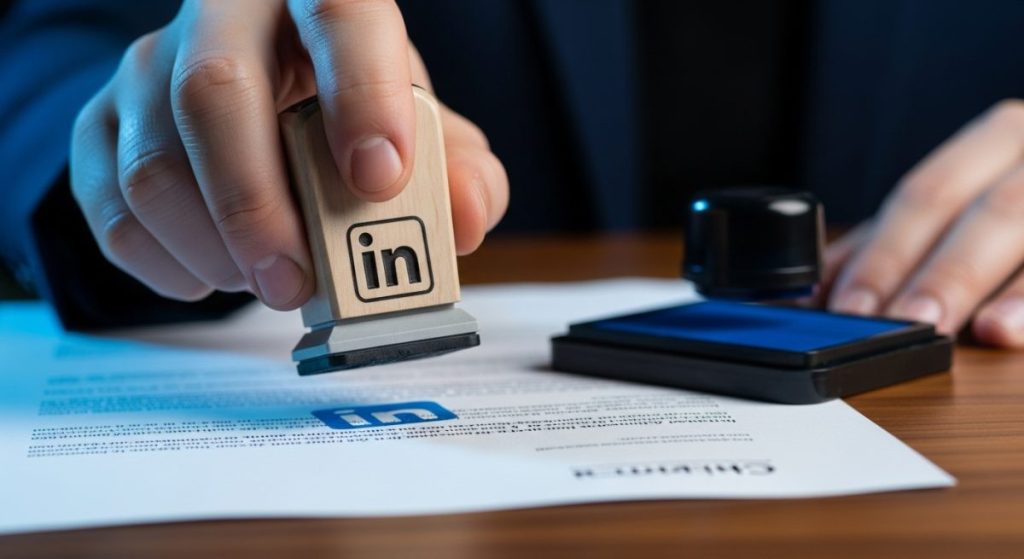 Mano sosteniendo sello de goma con logo LinkedIn sobre documento