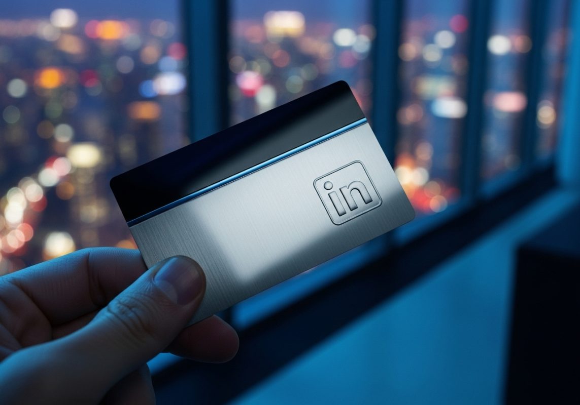 Mano sosteniendo tarjeta de acceso negra con logo LinkedIn plata