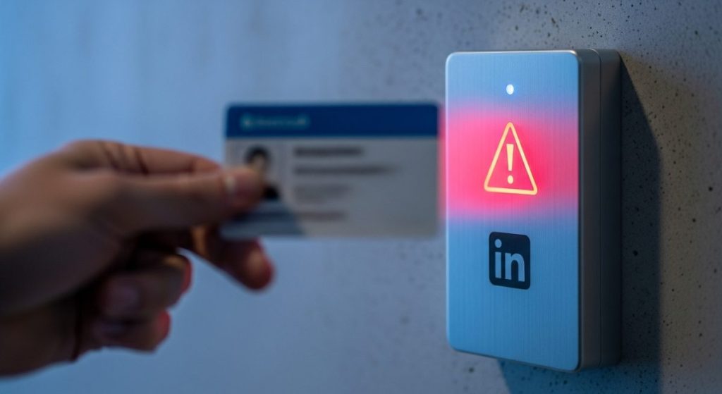 Mano sosteniendo tarjeta desenfocada ante escáner biométrico LinkedIn
