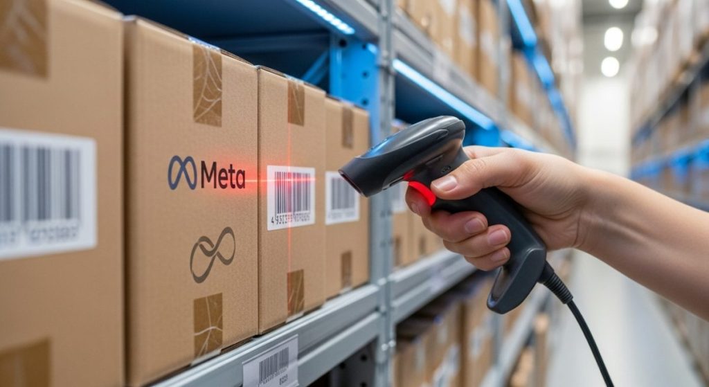 Mano utilizando un escáner de código de barra moderno en etiqueta de caja de cartón con logo de Meta