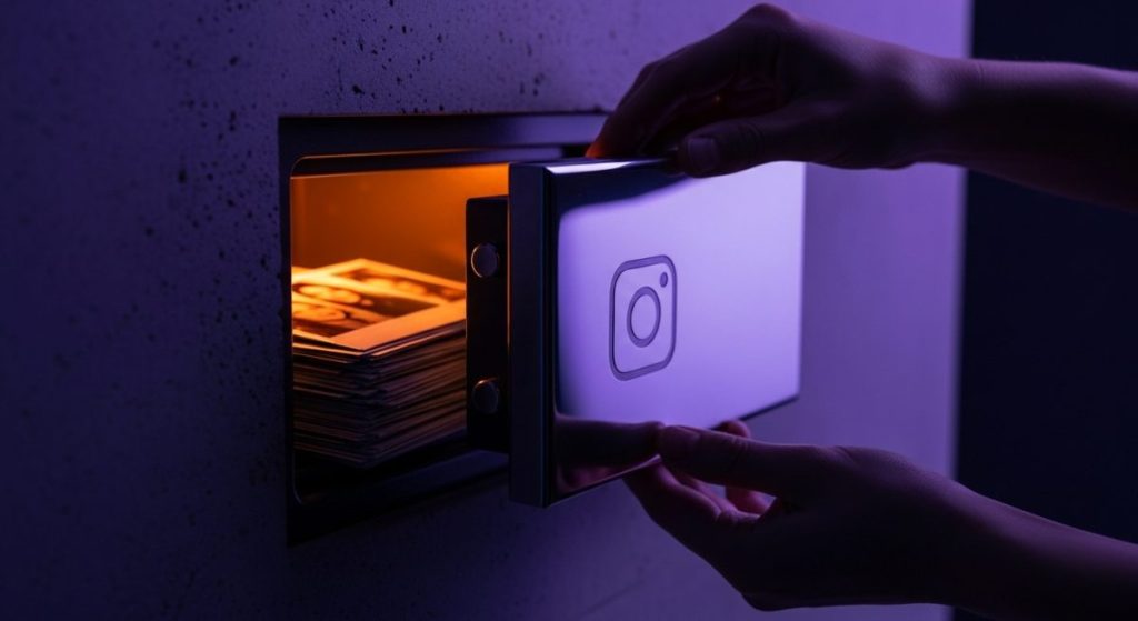 Manos abriendo caja fuerte futurista con logo de cámara Instagram grabado