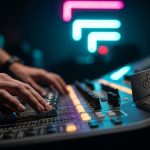 Manos ajustan faders en mesa de mezclas con luces neón y logo de TikTok