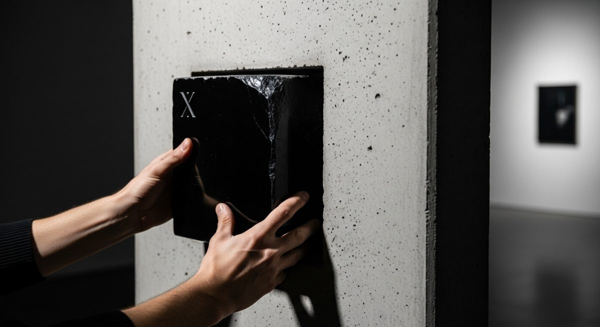 Manos ajustando bloque de obsidiana con logo X en pared concreta