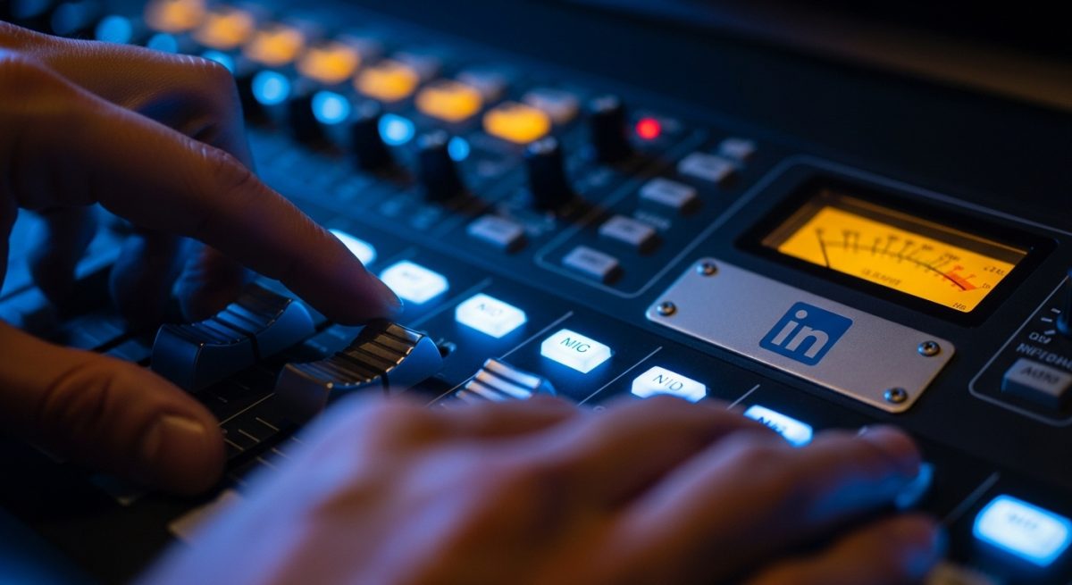 Manos ajustando los controles deslizantes de una consola de audio con el logotipo de LinkedIn grabado en relieve