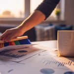Manos barriendo papeles en escritorio con taza de Instagram