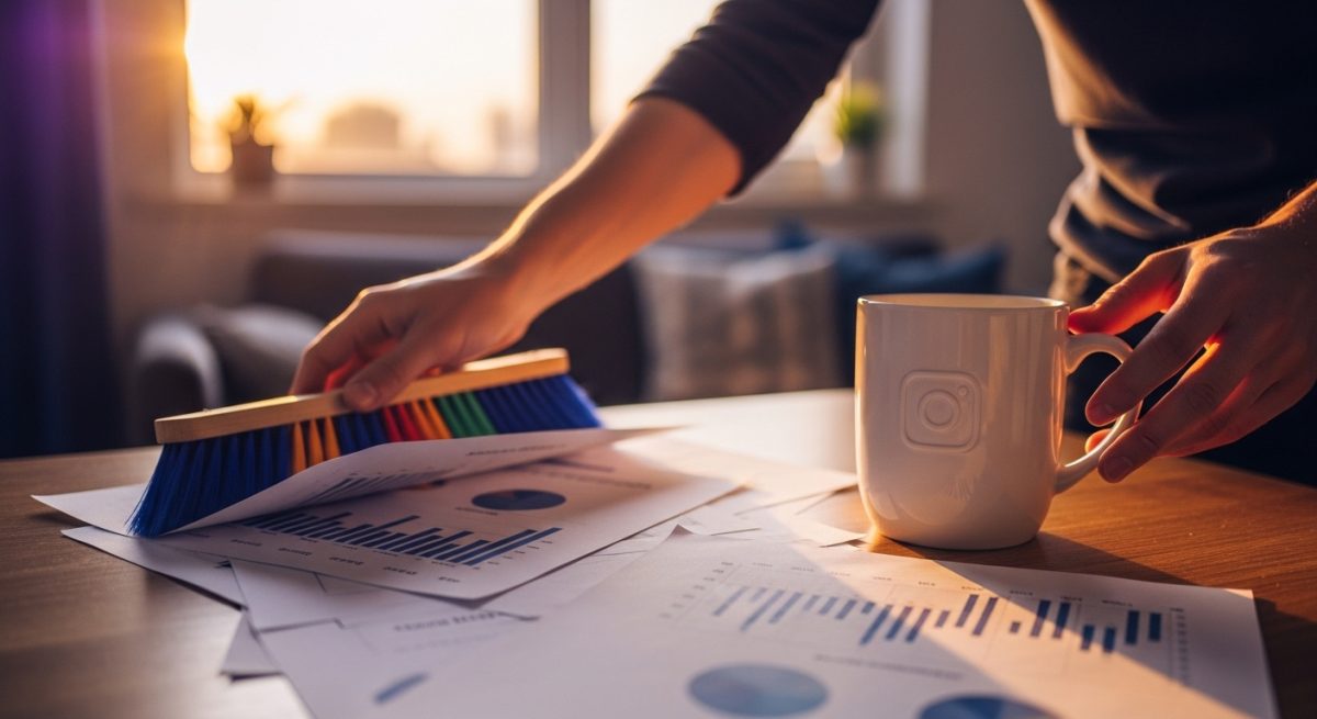 Manos barriendo papeles en escritorio con taza de Instagram
