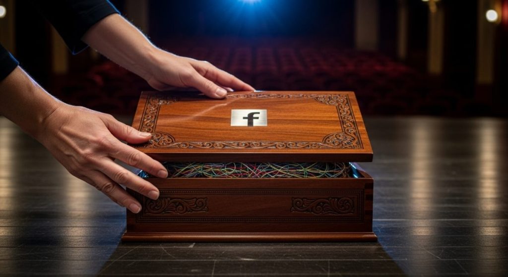 Manos cerrando caja de madera con logo de Facebook en teatro