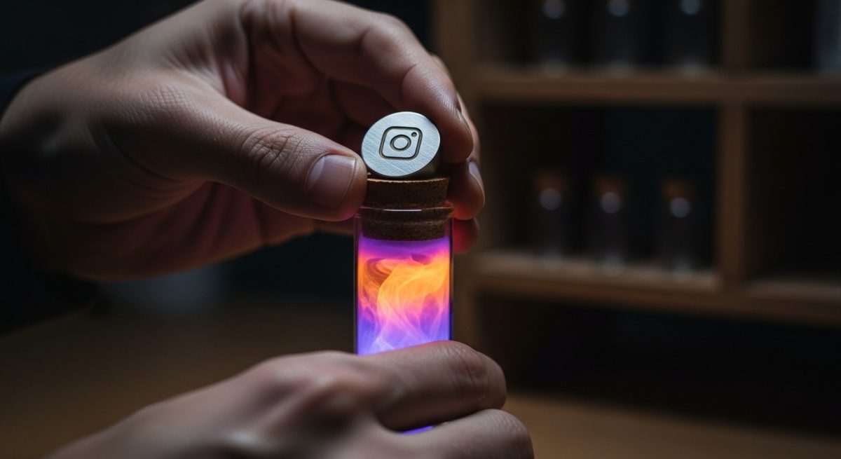 Manos cerrando frasco de cristal con líquido brillante dentro
