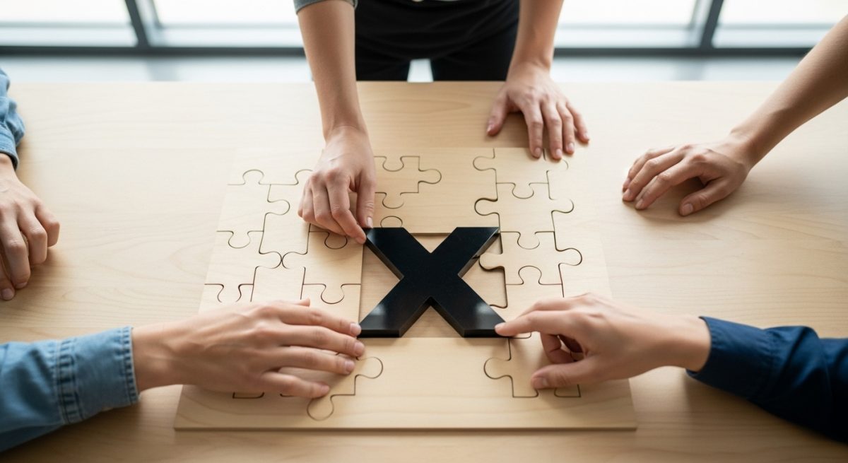 Manos colaborando para completar rompecabezas con pieza negra brillante en forma de X