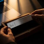 Manos colocando placa LinkedIn en caja de recuerdos de madera