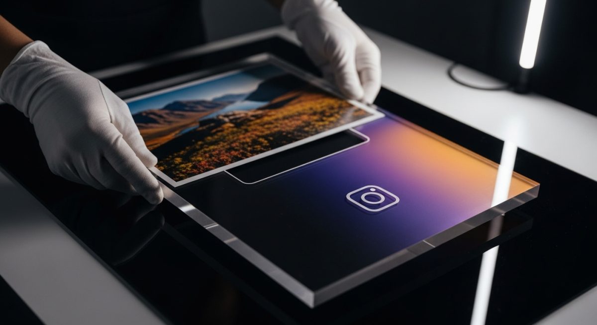 Manos con guantes colocando foto en marco acrílico con logo Instagram