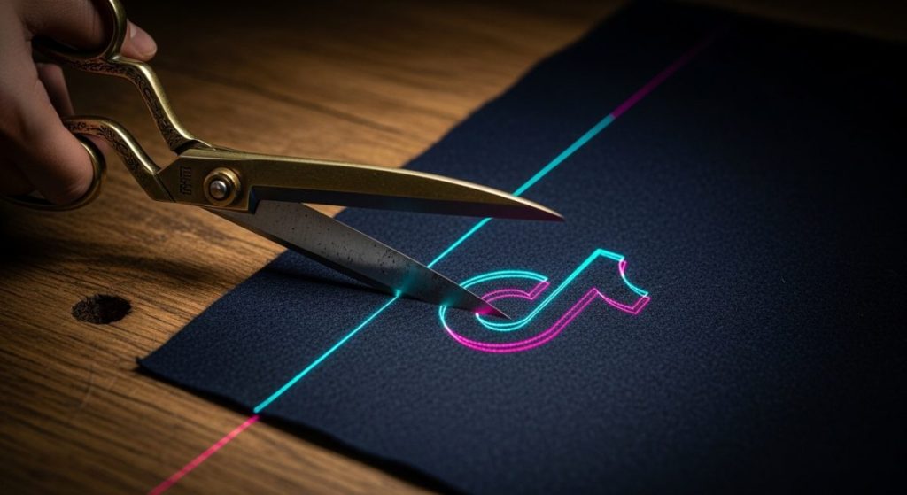 Manos cortando tela con tijeras antiguas siguiendo línea TikTok logo