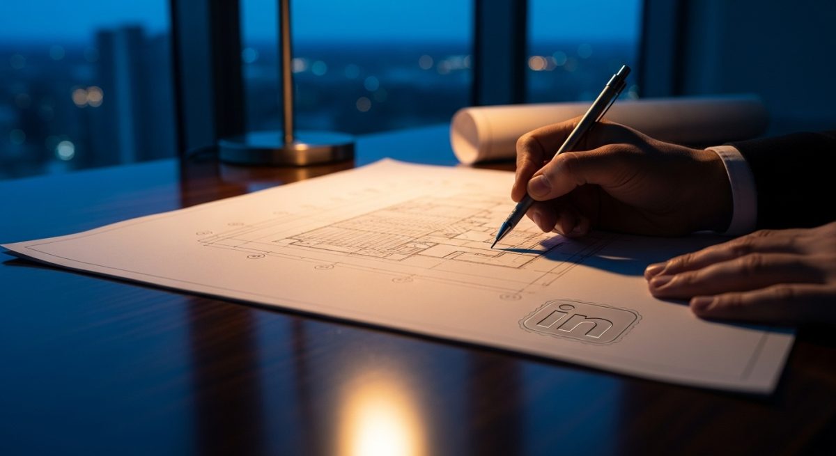 Manos de arquitecto dibujando plano con logo de LinkedIn