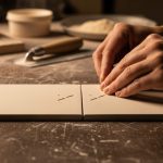 Manos de artesano uniendo baldosas de cerámica sobre madera