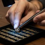 Manos de relojero eligiendo engranaje con logo de LinkedIn en pinzas