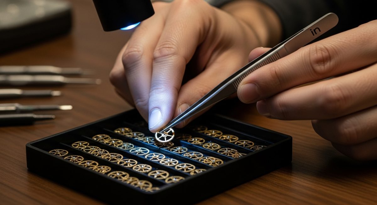Manos de relojero eligiendo engranaje con logo de LinkedIn en pinzas