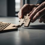 Manos encajando pieza final rompecabezas madera ilusión dramática