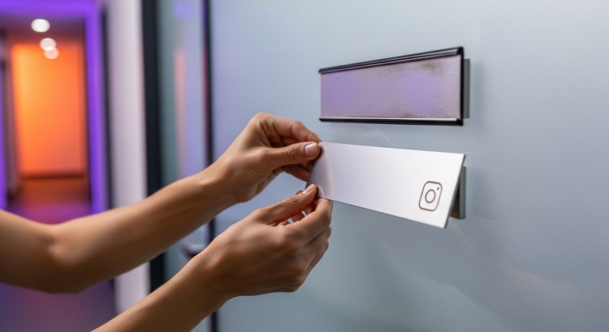 Manos instalando placa nueva con logo Instagram en puerta oficina moderna