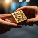 Manos intercambiando un cubo de latón con código qr y logo de LinkedIn