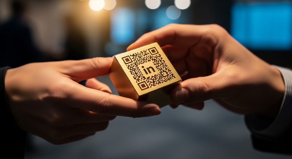 Manos intercambiando un cubo de latón con código qr y logo de LinkedIn