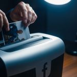 Manos introduciendo fotografía en trituradora papel con logo de Facebook