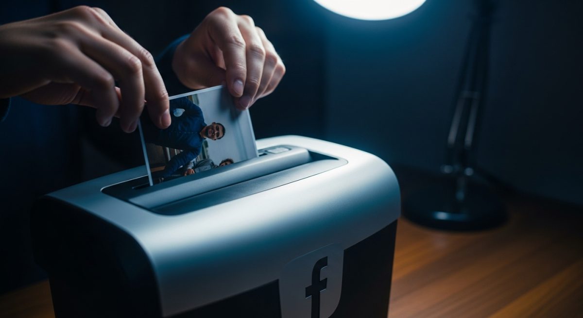 Manos introduciendo fotografía en trituradora papel con logo de Facebook