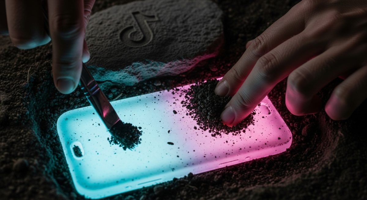 Manos limpiando artefacto brillante con logo TikTok en excavación arqueológica