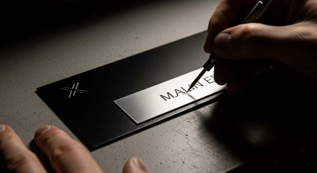Manos modificando placa metálica negra con herramienta de grabado.
