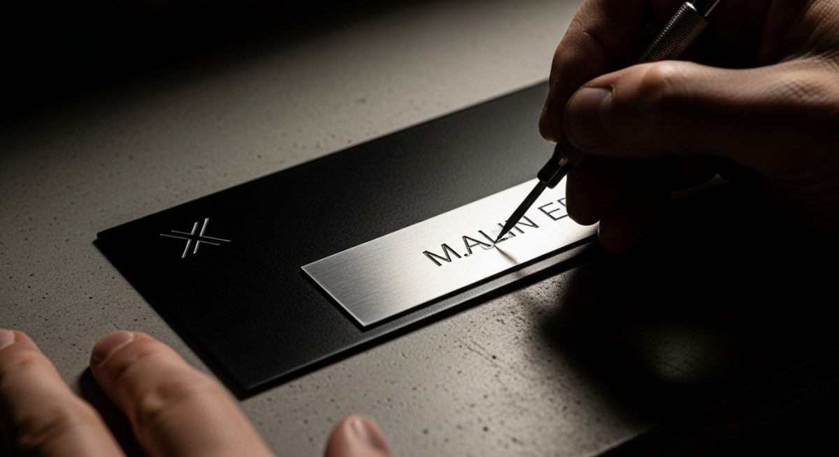 Manos modificando placa metálica negra con herramienta de grabado.