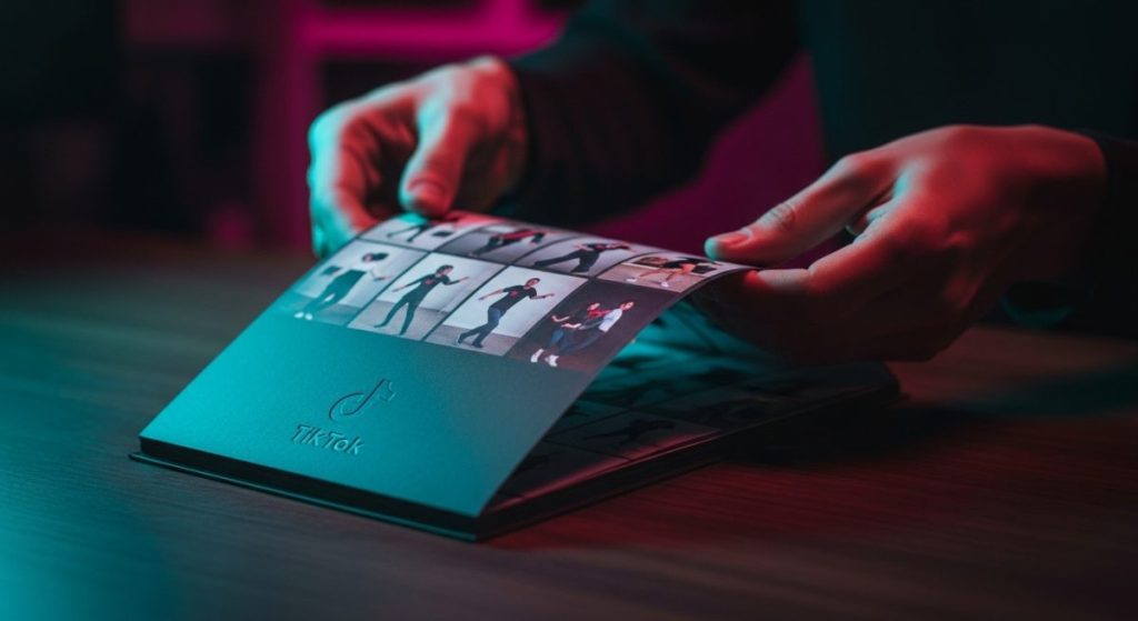 Manos pasando páginas de flipbook con logo TikTok en portada