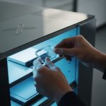 Manos quitando tarjeta de memoria de estantería de alta tecnología con logo de X