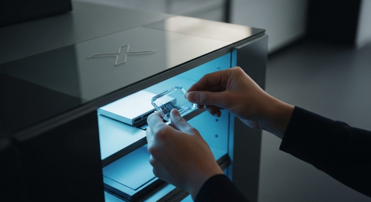 Manos quitando tarjeta de memoria de estantería de alta tecnología con logo de X