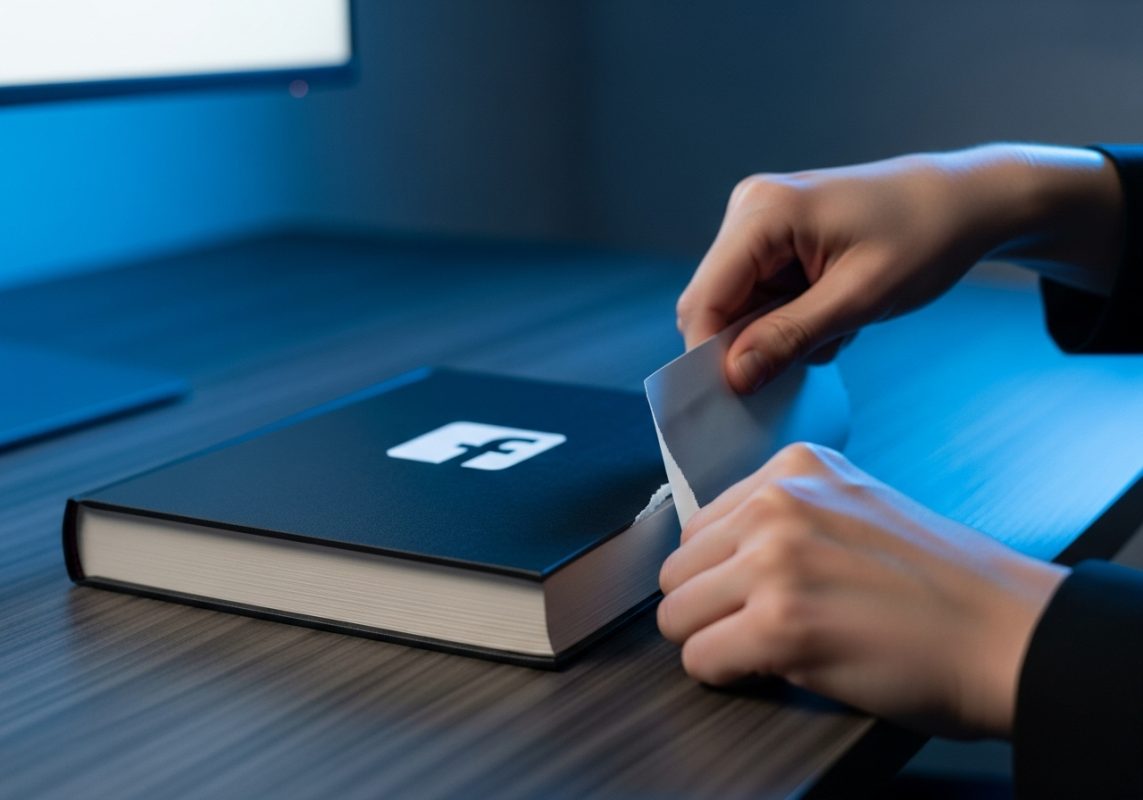 Manos rompiendo página de libro de facebook en oficina minimalista
