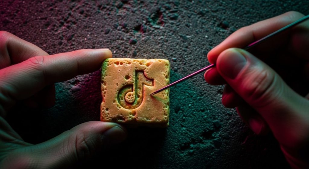 Manos sosteniendo caramelo dalgona con logotipo de TikTok minimalista