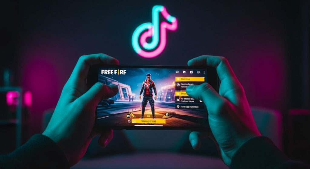 Manos sosteniendo un smartphone con el juego Free Fire y el logotipo de neón de TikTok sobre un fondo difuminado