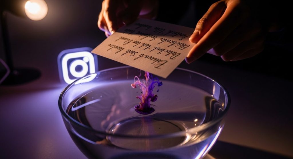 Manos sumergiendo papel en agua con tinta disolviéndose logo Instagram