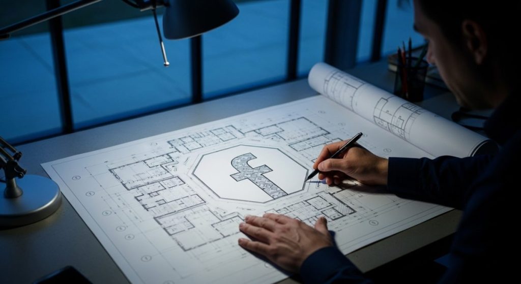 Manos trazando líneas en plano arquitectónico con logo de Facebook