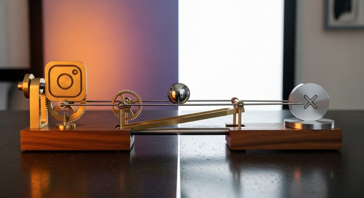 Máquina de Rube Goldberg con logos de Instagram y X grabados