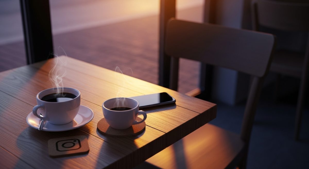 Mesa de cafetería con smartphone y tazas de café humeante con posa vaso de instagram