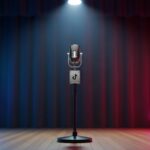 Micrófono vintage iluminado en escenario con telón oscuro