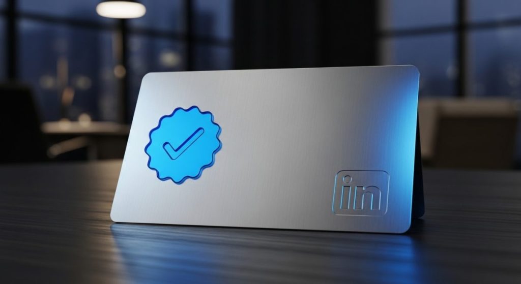Moderna tarjeta de identificación metal-plástico con símbolo de verificación azul