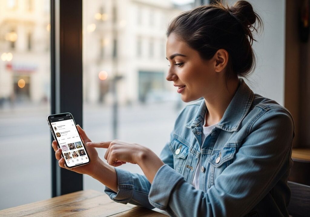 mujer señalando smartphone con app-de instagram
