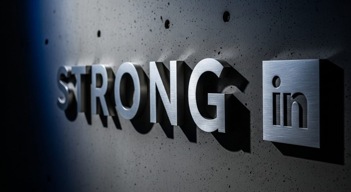 Muro de hormigón oscuro con palabra STRONG en metálico tridimensional destacado y logo de LinkedIn