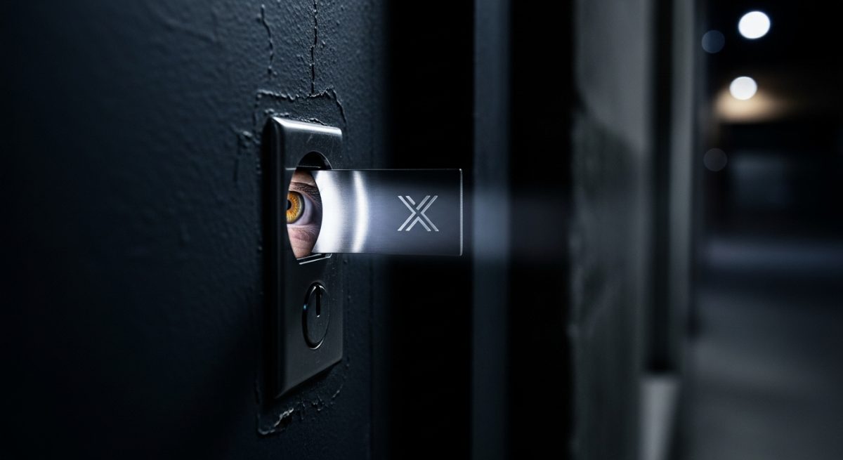 Ojo humano mirando a través de un peephole estilo speakeasy con logo de X