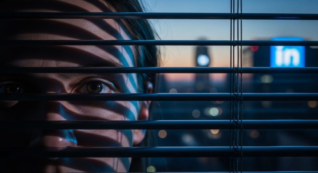 Ojo humano mirando entre persianas con luz azul de LinkedIn